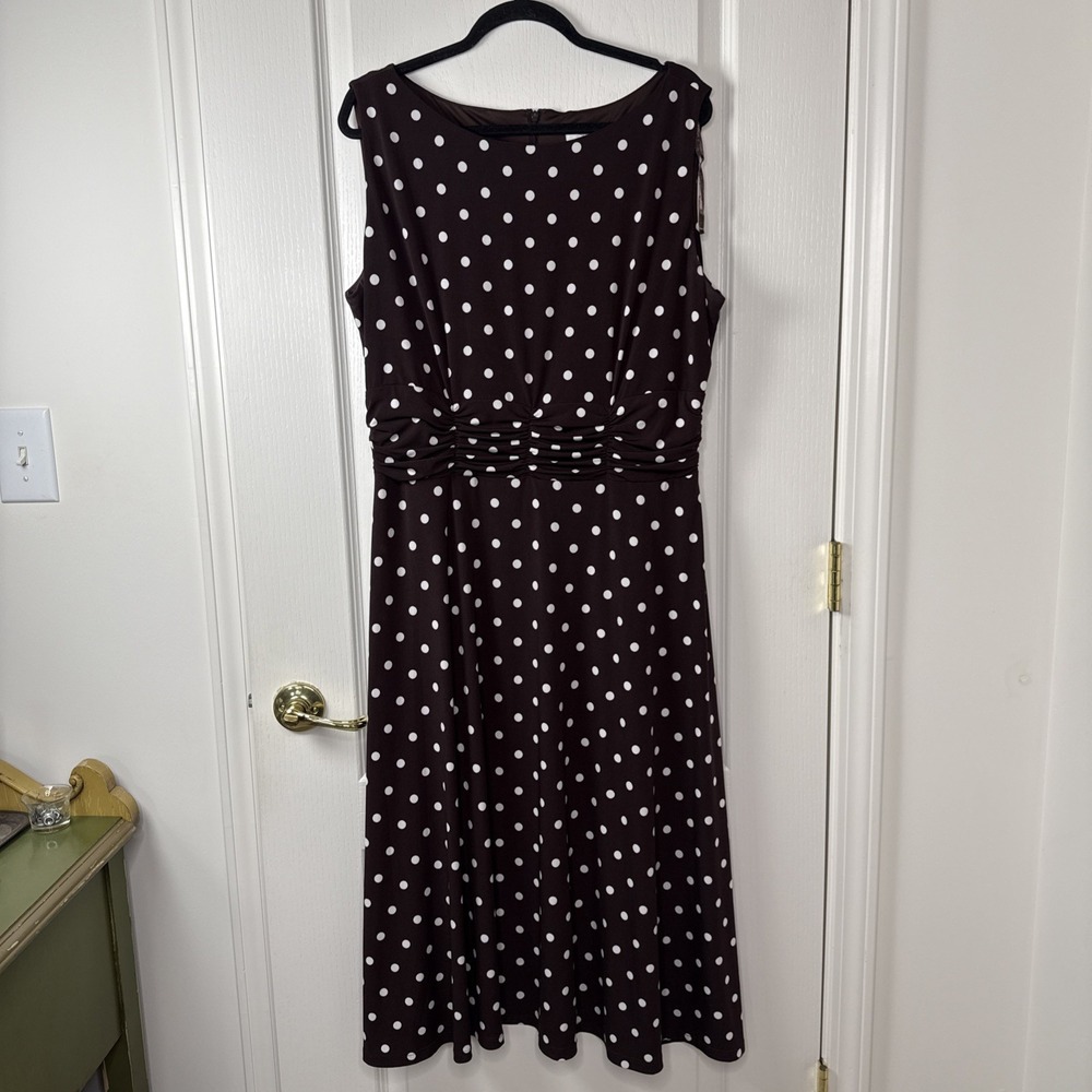CJ Banks Womens 18W Brown White Polka Dot Dress Plus Size Ruched Waist Midi